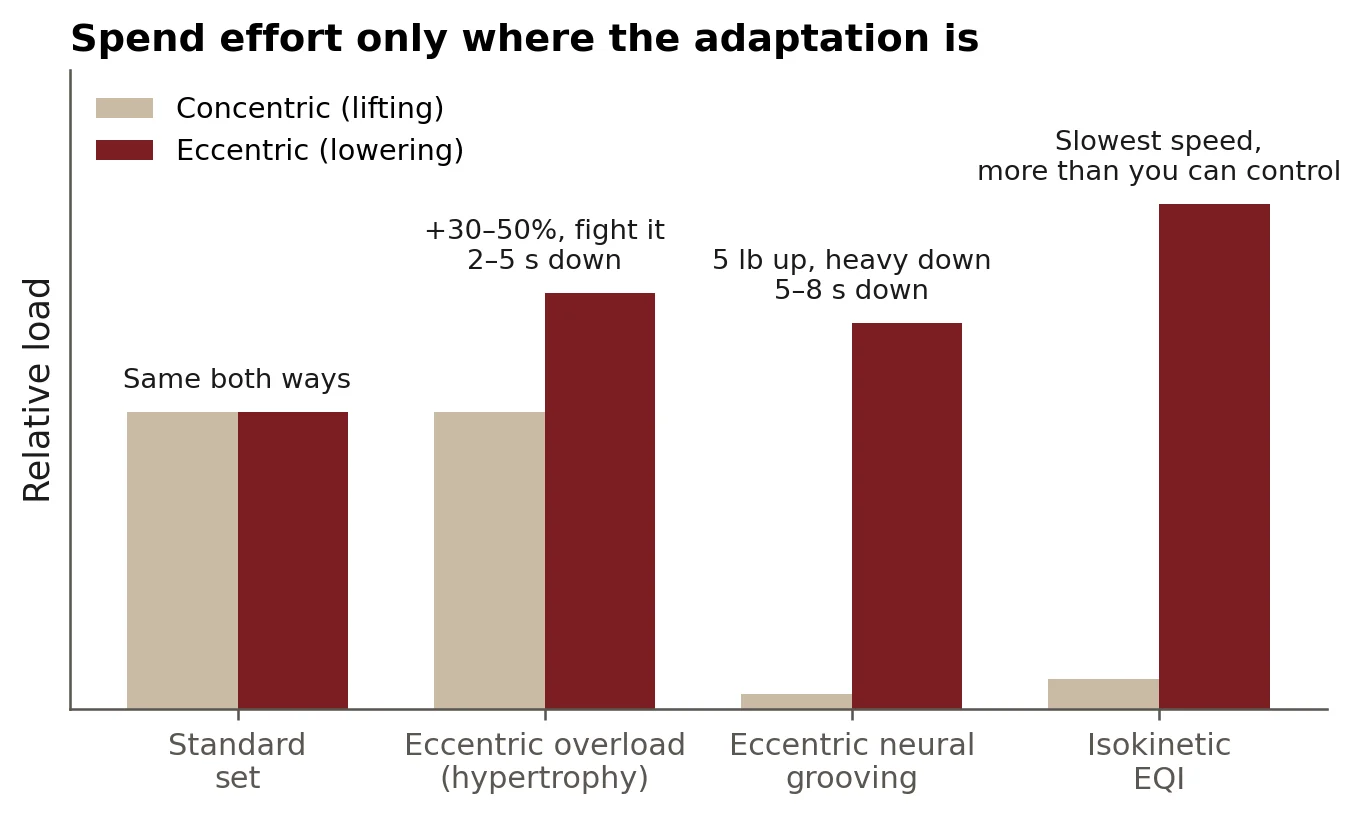 Spend effort only where the adaptation is. How I load the two phases of the rep for different goals. Relative loads are illustrative; the specific doses are on each section page.
